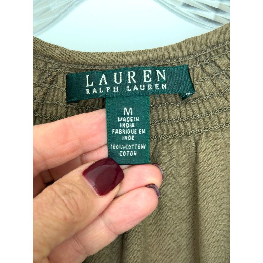 Boho Lauren Ralph Lauren Olive Peasant Top, Minimalist, Quiet Luxury, festival - Picture 3 of 5
